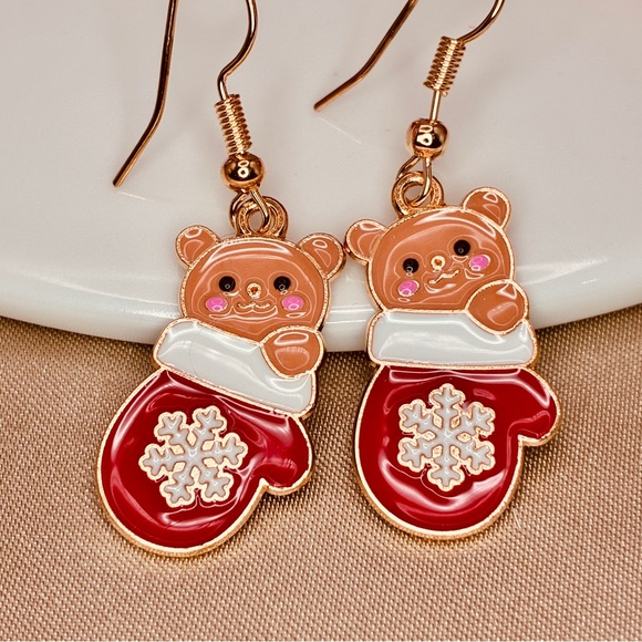 🎄DEAL Enamel Cute Bear & Mitten Dangle Fishhook Drop Christmas Earrings - Picture 2 of 5